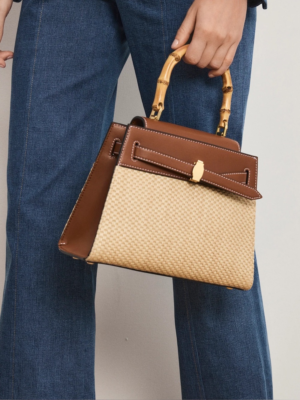 Veronica Beard Raffia Dash Top-Handle Bag